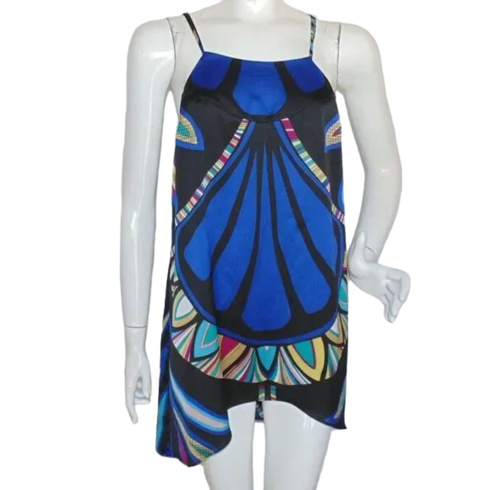 NICOLE Cami/Ultra Mini Dress, S, Bold print, Spag Straps, Hi-low, Knotted back